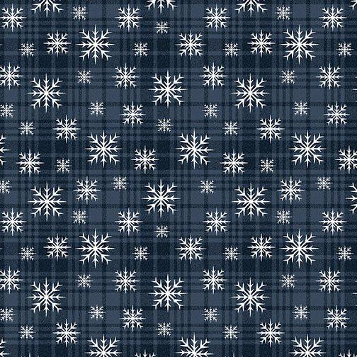 Benartex A Very Wooly Winter blue plaid fabric with white snowflakes by Cheryl Haynes, 1035955B