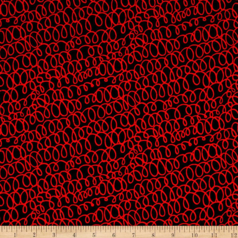 Wooly Bully C8709 fabric by Maria Kalinowski for Kanvas/Benartex featuring bold red swirls on black, 100% cotton for quilting and crafts with ruler.