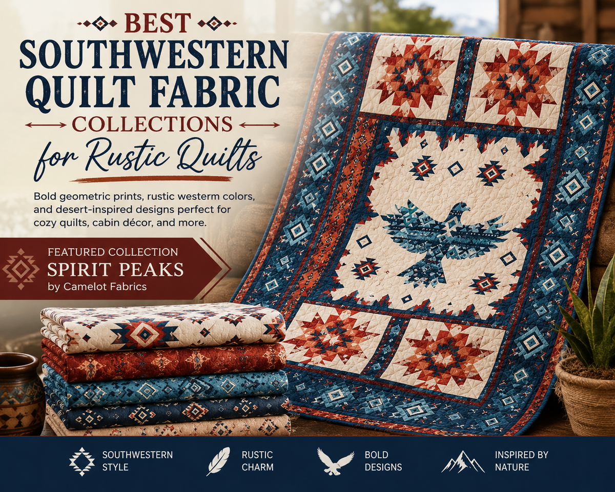 Rustic southwestern quilt featuring geometric eagle patterns in turquoise, navy, rust, and cream tones from the Spirit Peaks fabric collection by Camelot Fabrics displayed in a cozy cabin setting.