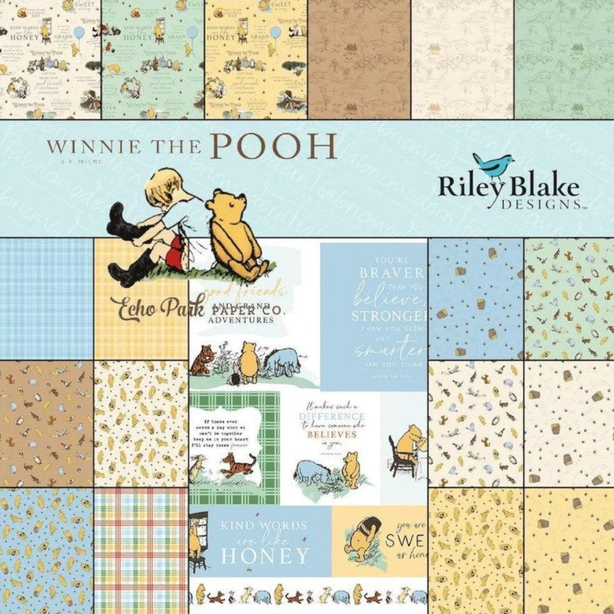 Winnie the Pooh fabric collection by Riley Blake Designs featuring classic Pooh illustrations, quotes, bees, and vintage-inspired quilting cotton prints