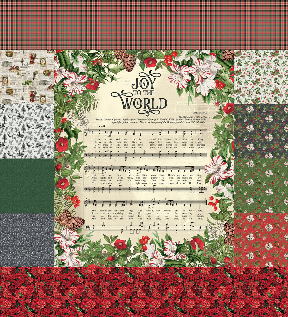 Joy to the World Christmas quilting fabric collection by Camelot Fabrics featuring traditional holiday prints