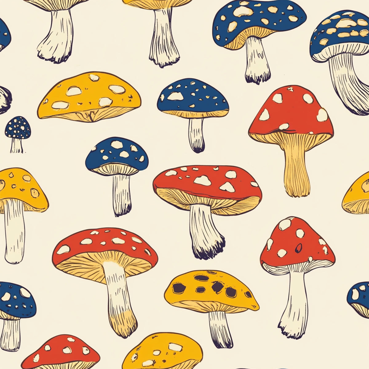 Red yellow and blue mushroom print food safe waterproof PUL fabric on neutral background, 60 inch wide polyester laminate.