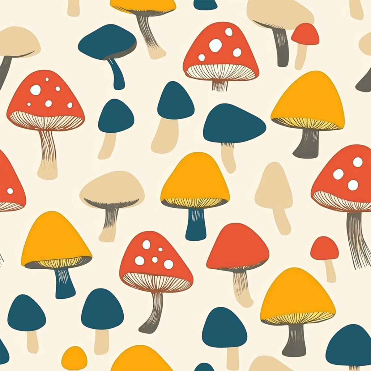 Modern mushroom print food safe waterproof polyurethane laminate fabric with mustard yellow, red and teal mushrooms on cream background.