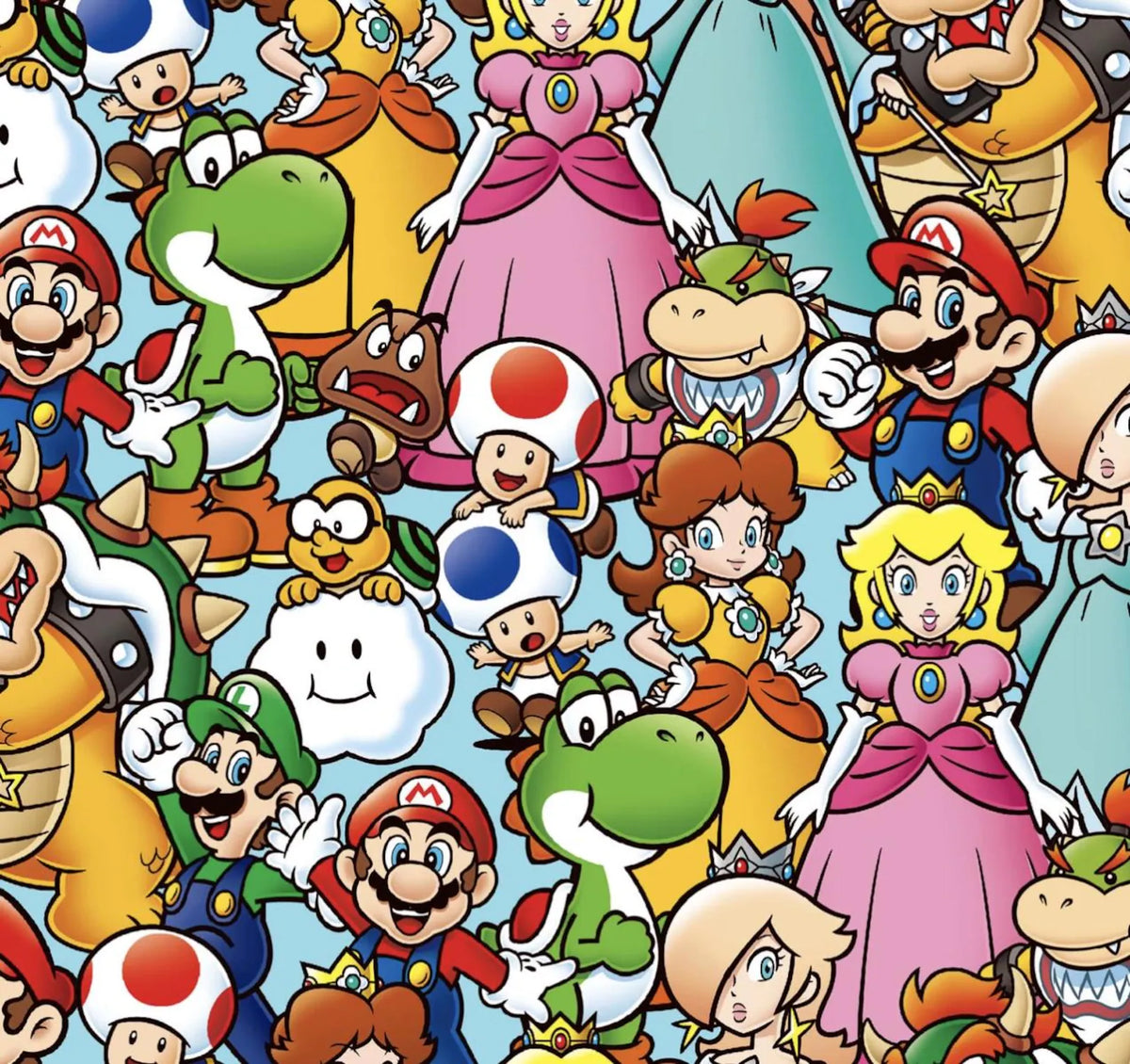 Mario and Friends Packed cotton fabric with Mario, Luigi, Yoshi, Princess Peach and other colourful characters on light blue.