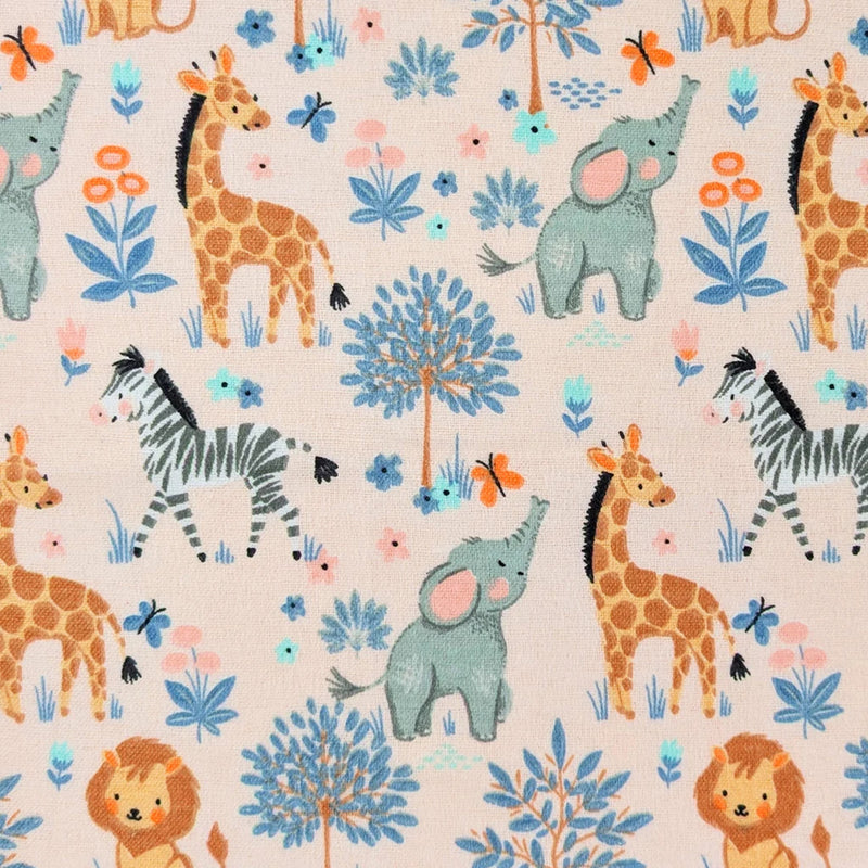Pattern of cartoon animals including giraffes, elephants, zebras, and lions on a beige background.