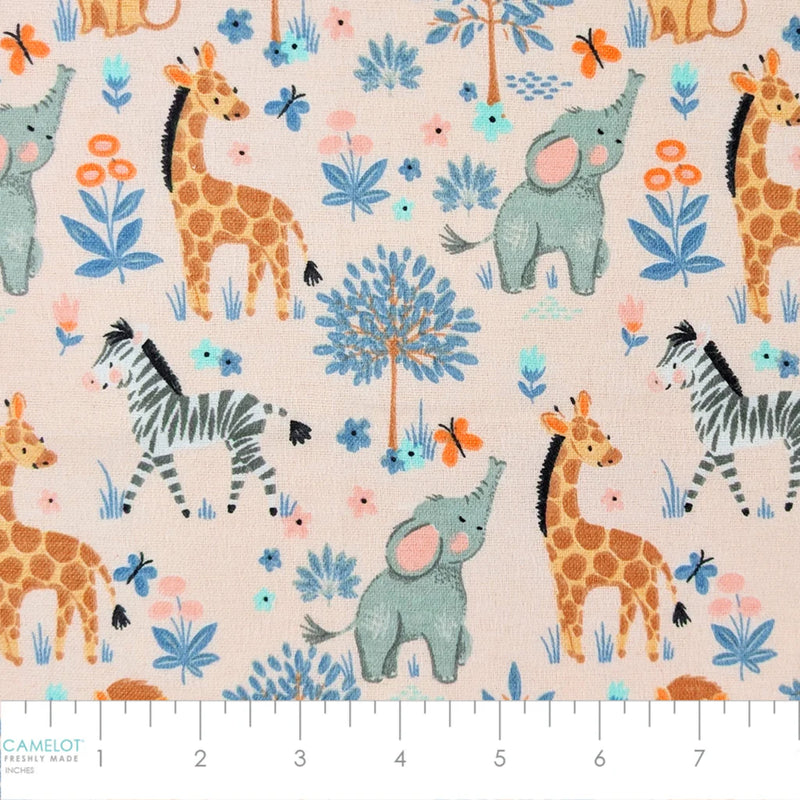 Magical Safari light pink cotton flannel fabric with elephants, giraffes, zebras, lions and floral accents.