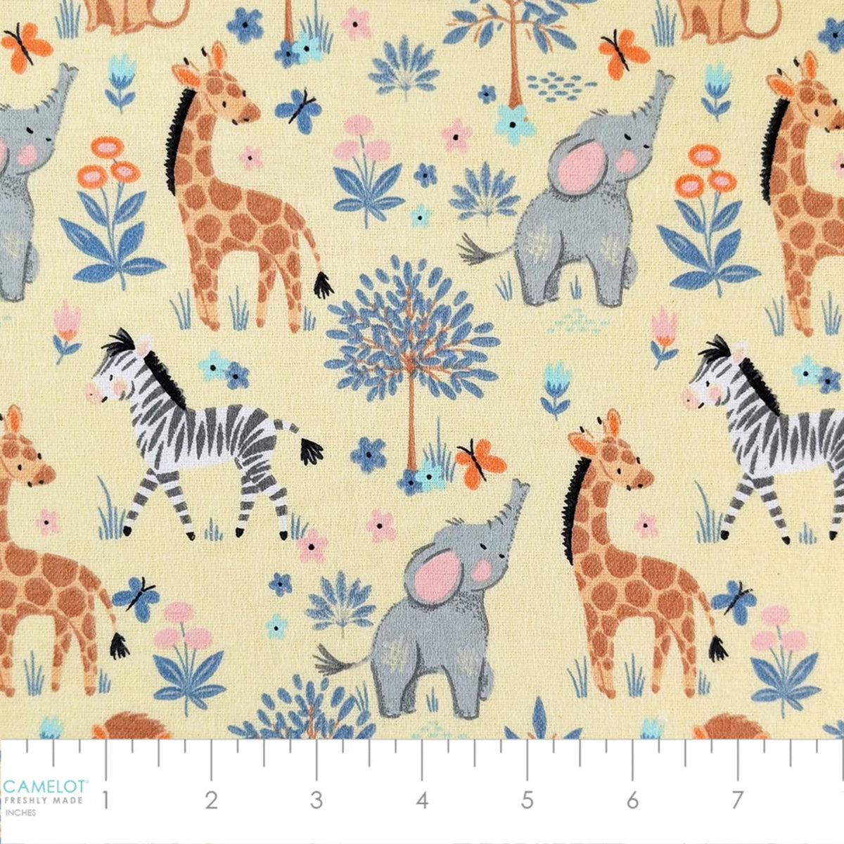 Pattern of cartoon animals including giraffes, elephants, and zebras on a beige background.