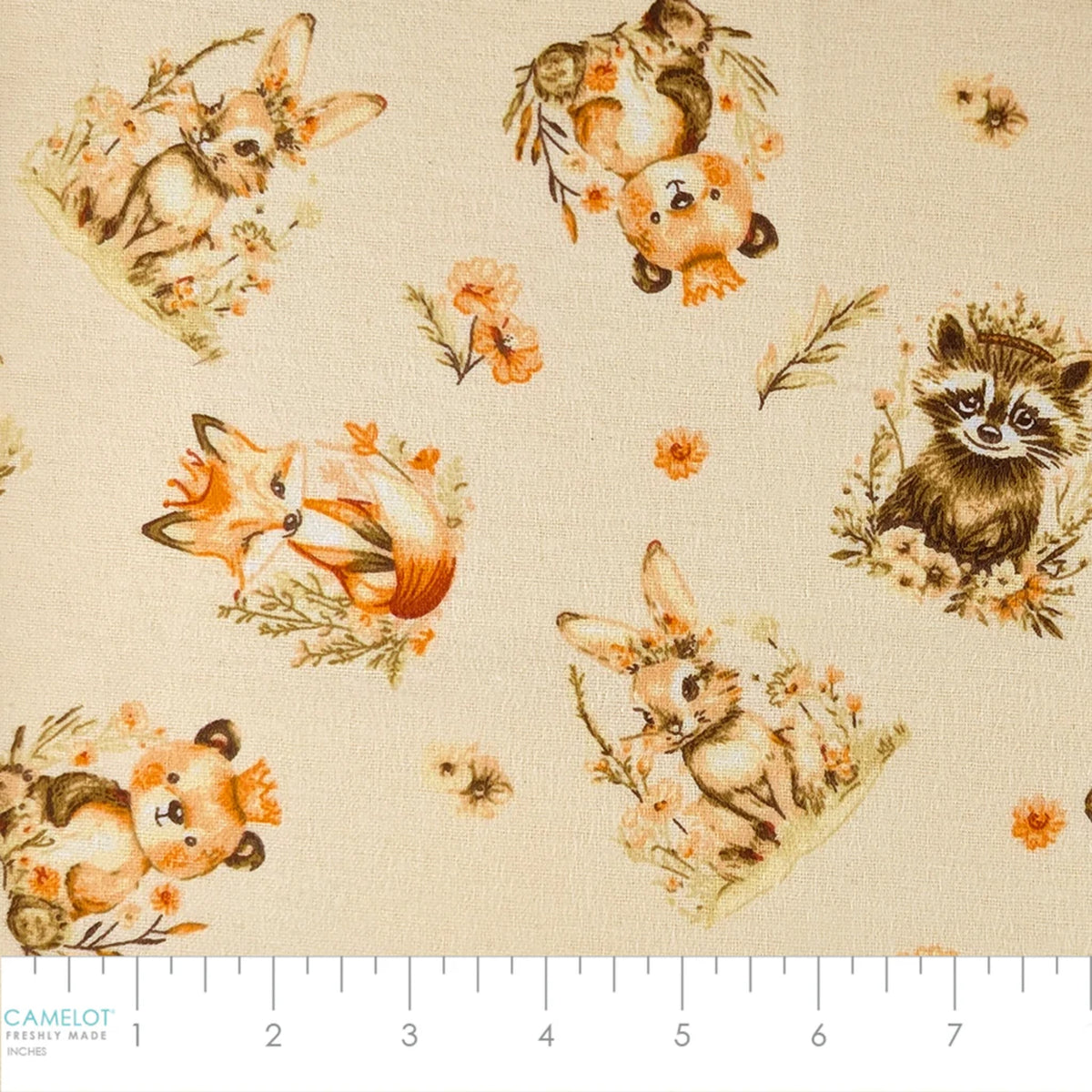 Woodland Friends cream cotton flannel fabric with foxes, rabbits, raccoons, pandas and floral accents.