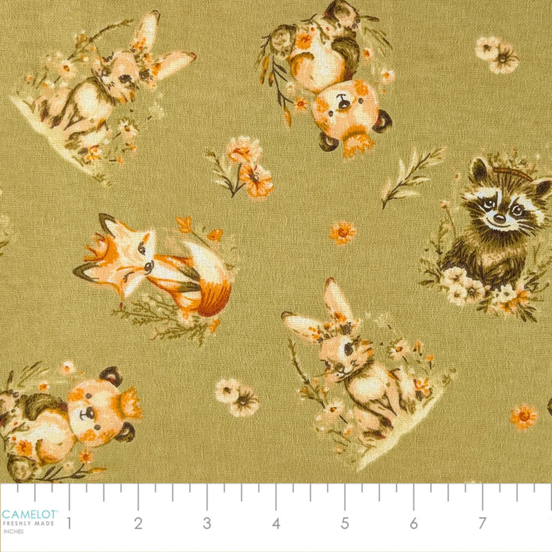 Woodland Friends sage cotton flannel fabric with foxes, rabbits, raccoons, pandas and floral accents.