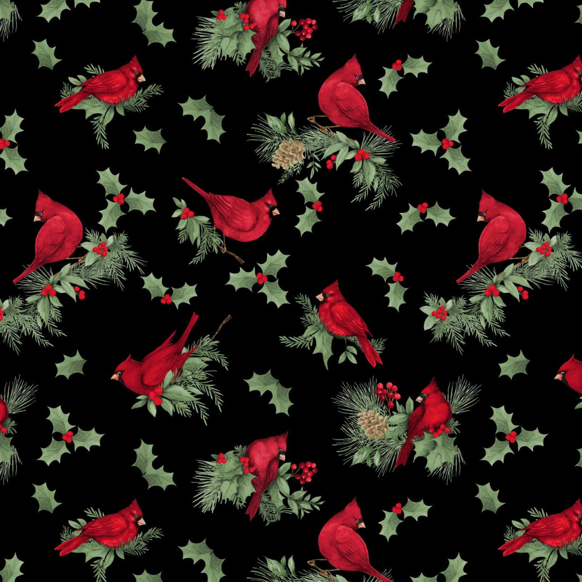 Cardinal Charm cotton fabric with red cardinals, green holly and pine sprigs, red berries and pinecones on black.