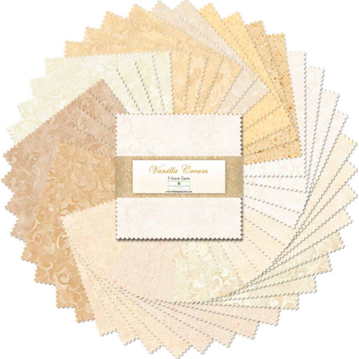 5 Karat Gems Vanilla Cream 5-inch cotton fabric squares with soft neutral blender patterns.
