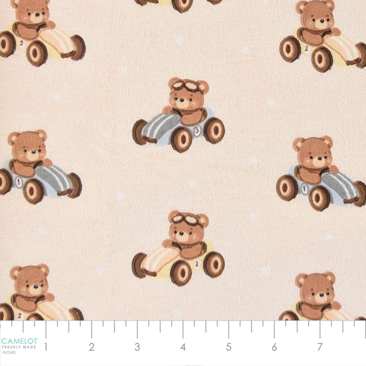 Camelot Fabrics Racing Teddies cotton flannel fabric featuring teddy bears driving vintage toy race cars on a beige background from the Fleece and Flannel 2026 Collection.