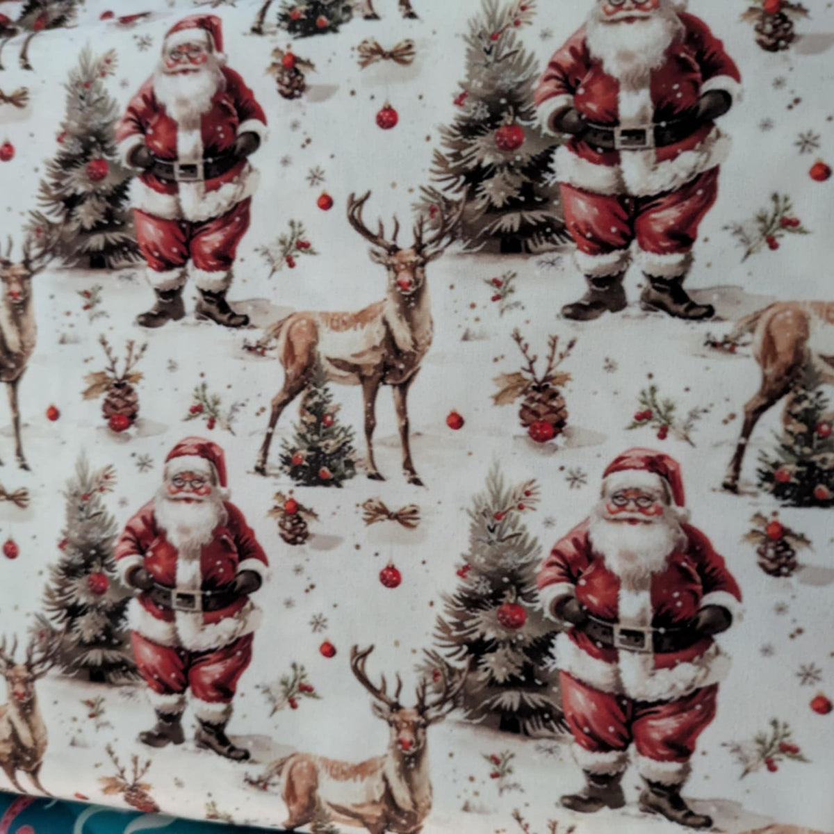 Santa Claus and reindeer on snowy background PUL Fabric