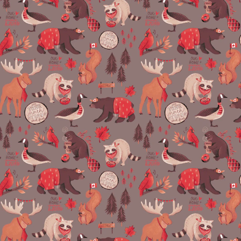 Camelot Fabrics Canadian Animals grey cotton flannel fabric featuring moose, bears, raccoons, beavers, geese, cardinals, and maple leaves.
