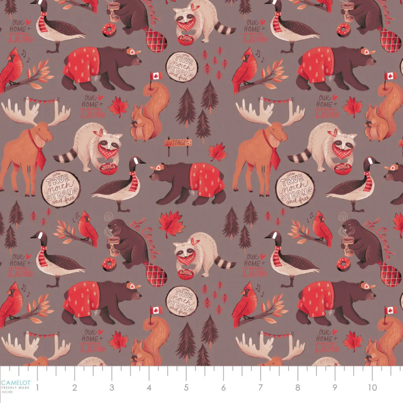 Camelot Fabrics Canadian Animals grey cotton flannel fabric featuring moose, bears, raccoons, beavers, geese, cardinals, and maple leaves.
