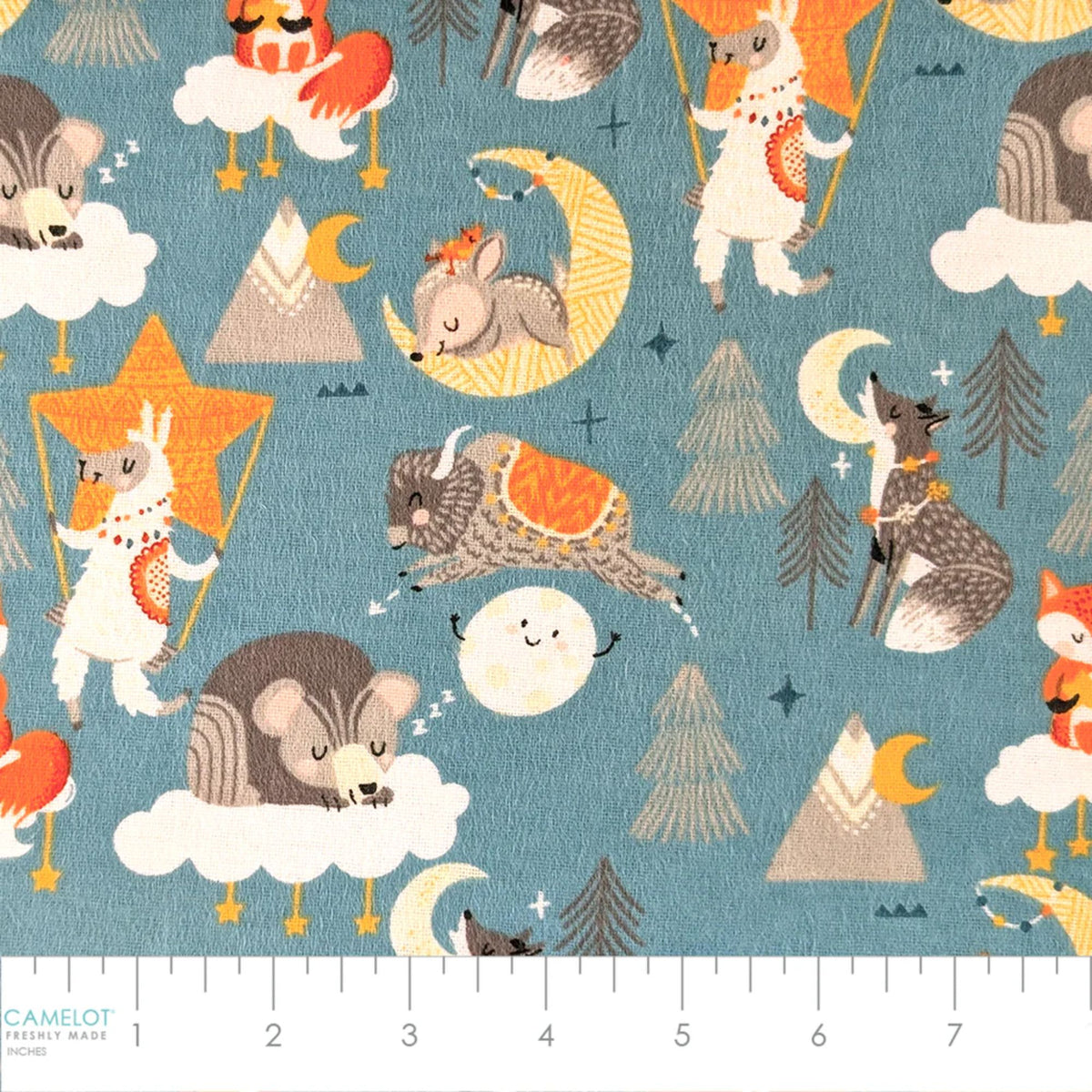 Desert Baby teal cotton flannel fabric featuring foxes, llamas, wolves, rabbits, buffalo, bears, mountains, moons, clouds, and stars.