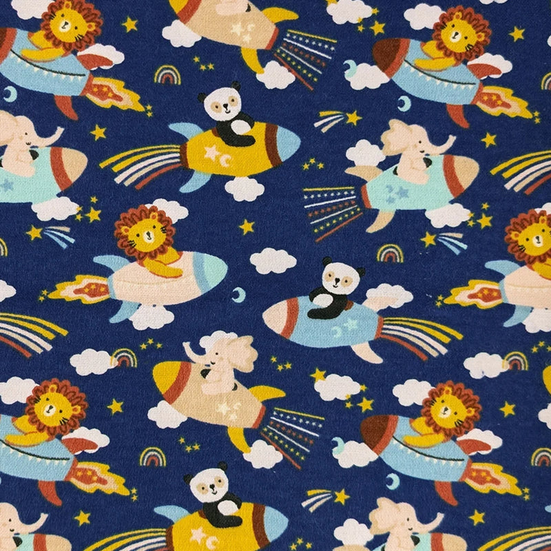 Pattern of cartoon animals on rockets against a blue background