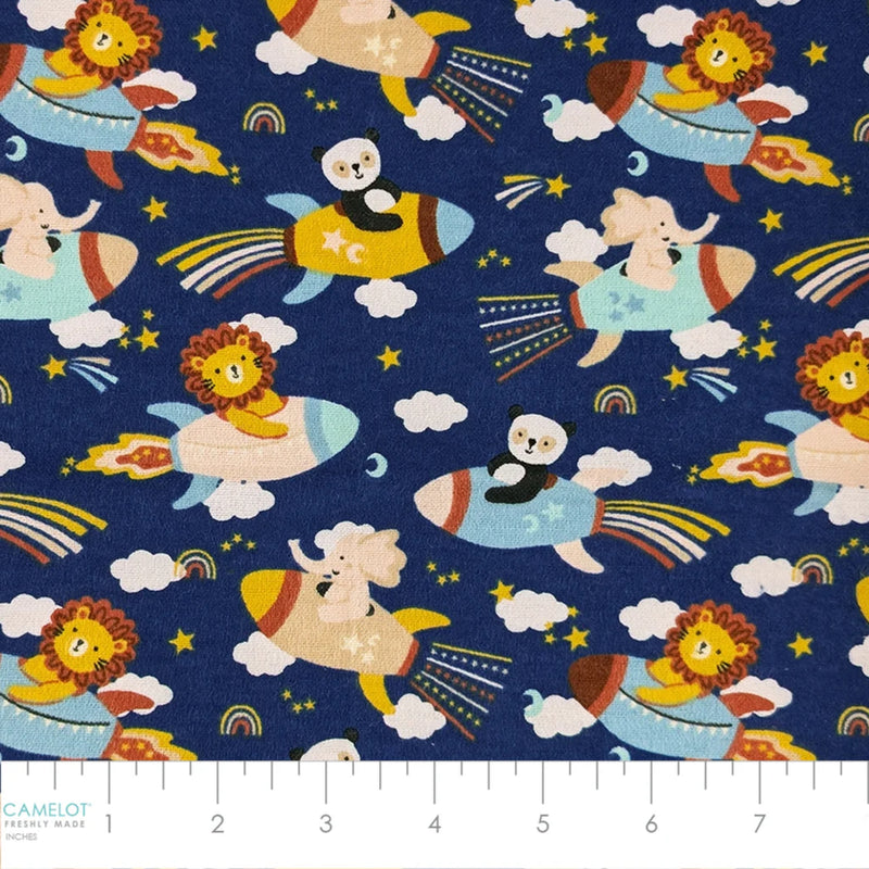 Universe Baby navy cotton flannel fabric with lions, pandas and elephants riding rockets among stars and clouds.