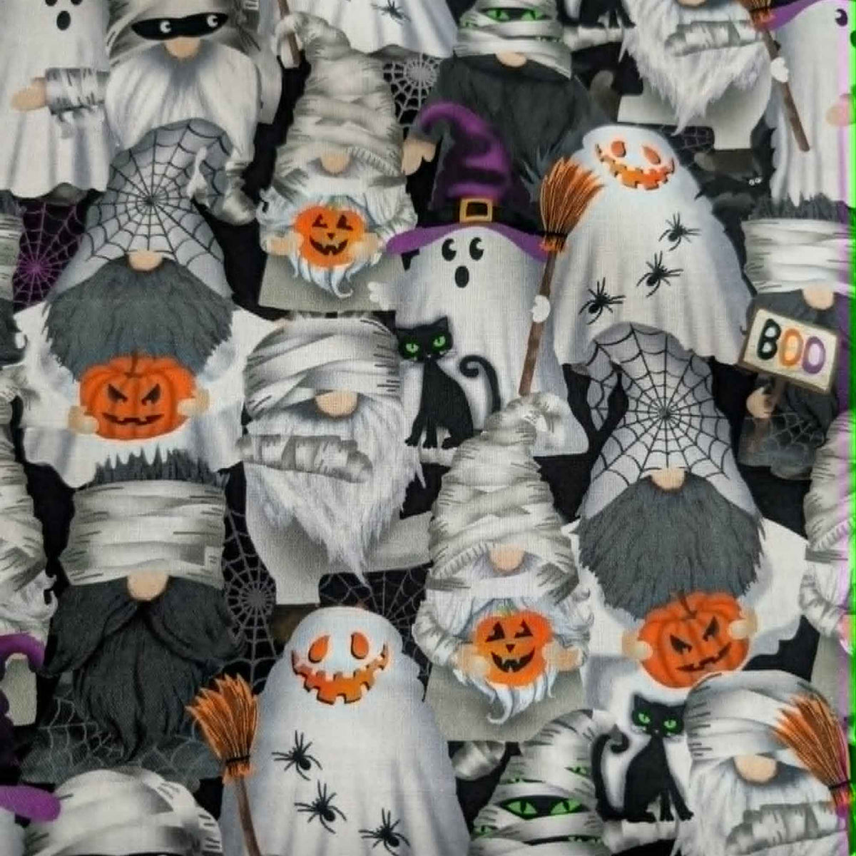 Halloween gnome cotton fabric with ghost mummy and witch gnomes pumpkins black cats spiders and cobwebs by Timeless Treasures
