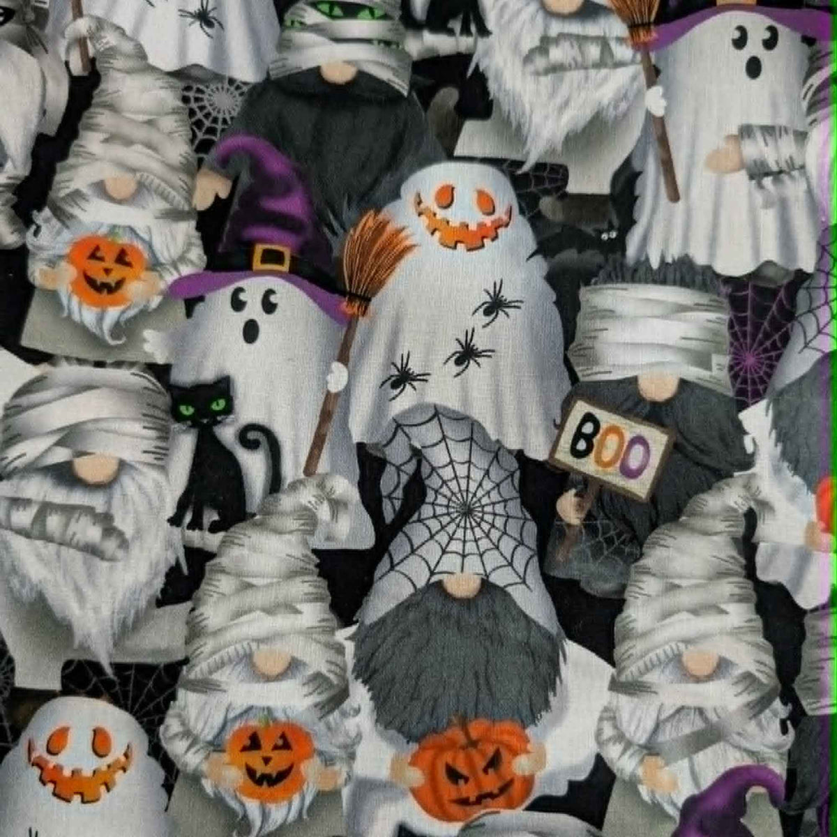 Halloween gnome cotton fabric with ghost mummy and witch gnomes pumpkins black cats spiders and cobwebs by Timeless Treasures