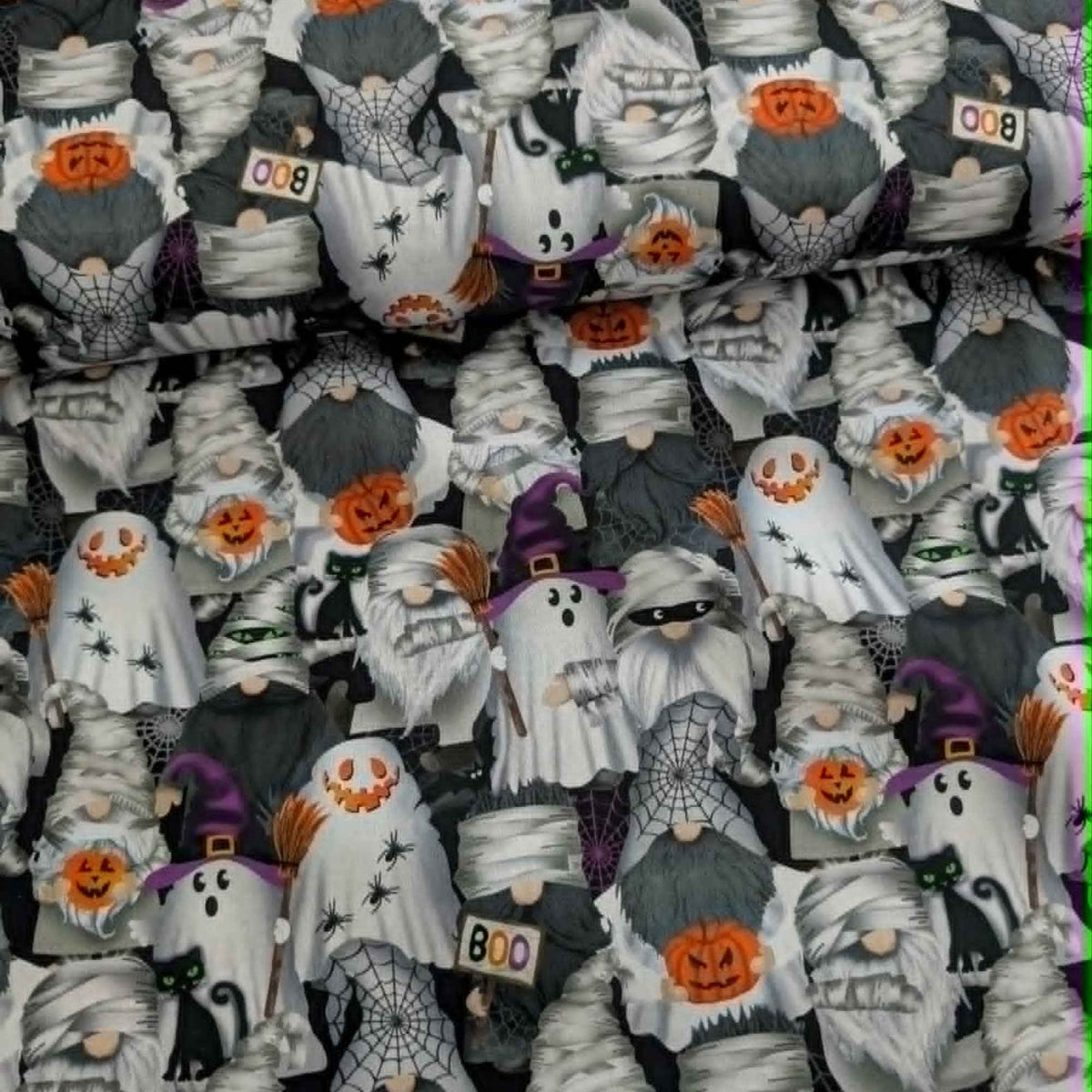 Halloween gnome cotton fabric with ghost mummy and witch gnomes pumpkins black cats spiders and cobwebs by Timeless Treasures