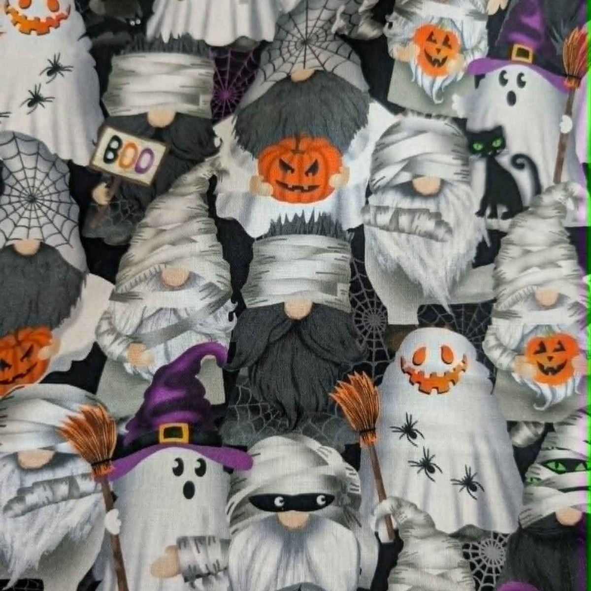 Halloween gnome cotton fabric with ghost mummy and witch gnomes pumpkins black cats spiders and cobwebs by Timeless Treasures