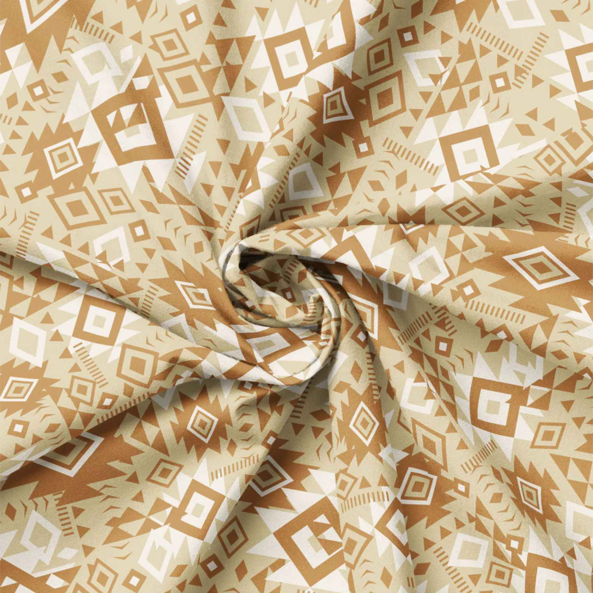 “Beige Southwestern geometric cotton fabric with diamonds and tribal motifs from Spirit Peaks.”