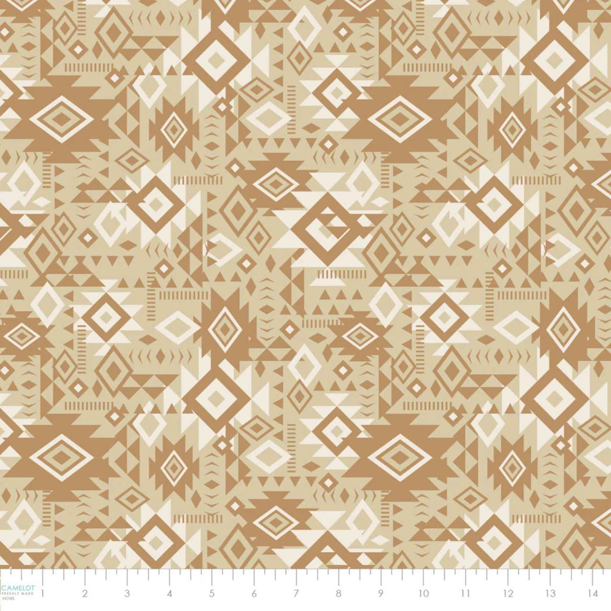 “Beige Southwestern geometric cotton fabric with diamonds and tribal motifs from Spirit Peaks.”
