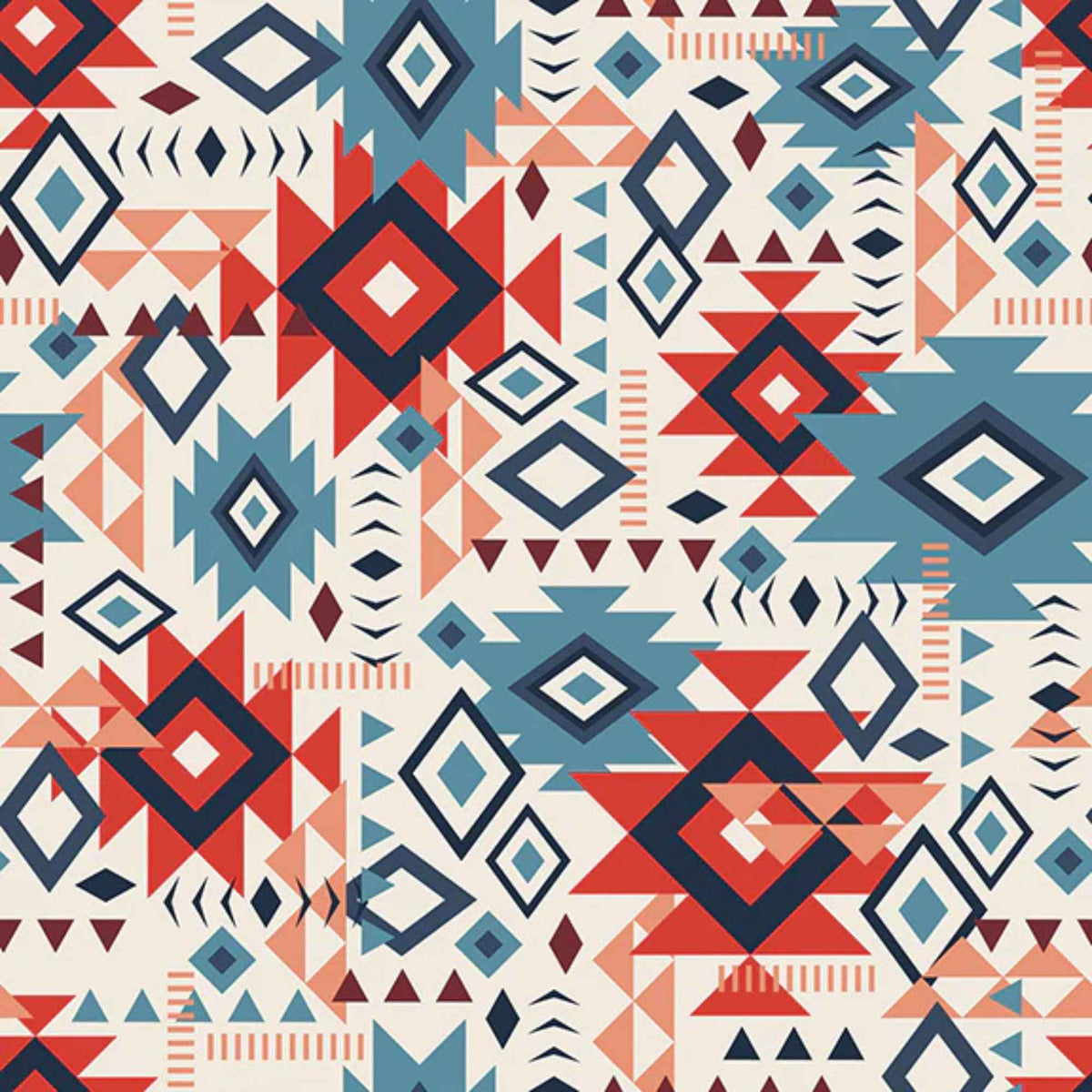 “Cream cotton fabric with colorful Southwestern Aztec geometric patterns in terracotta, blue, navy, and clay tones.”