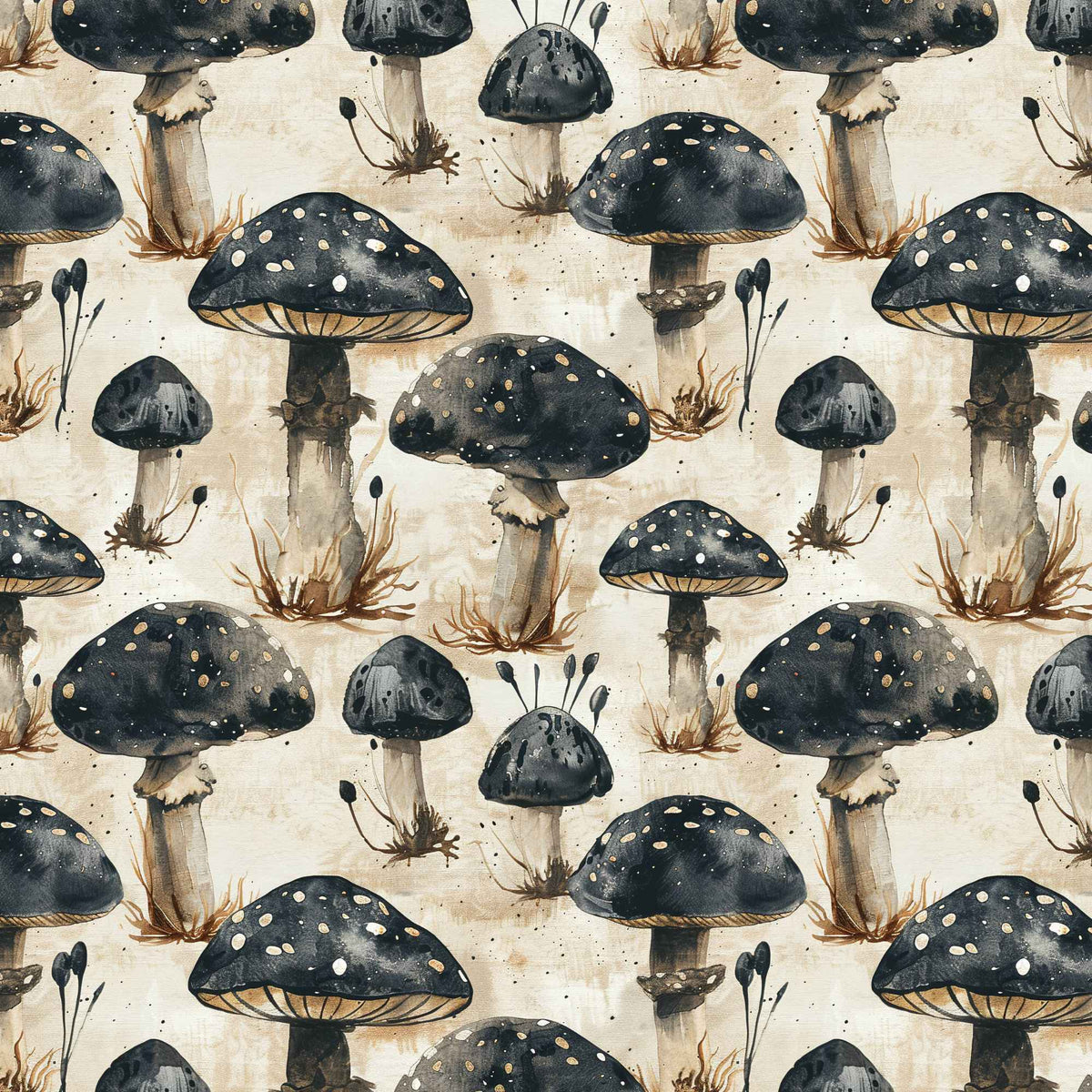 Black Magic mushroom print PUL fabric, waterproof polyester knit with polyurethane laminate, 60-inch wide food safe CPSIA compliant fabric