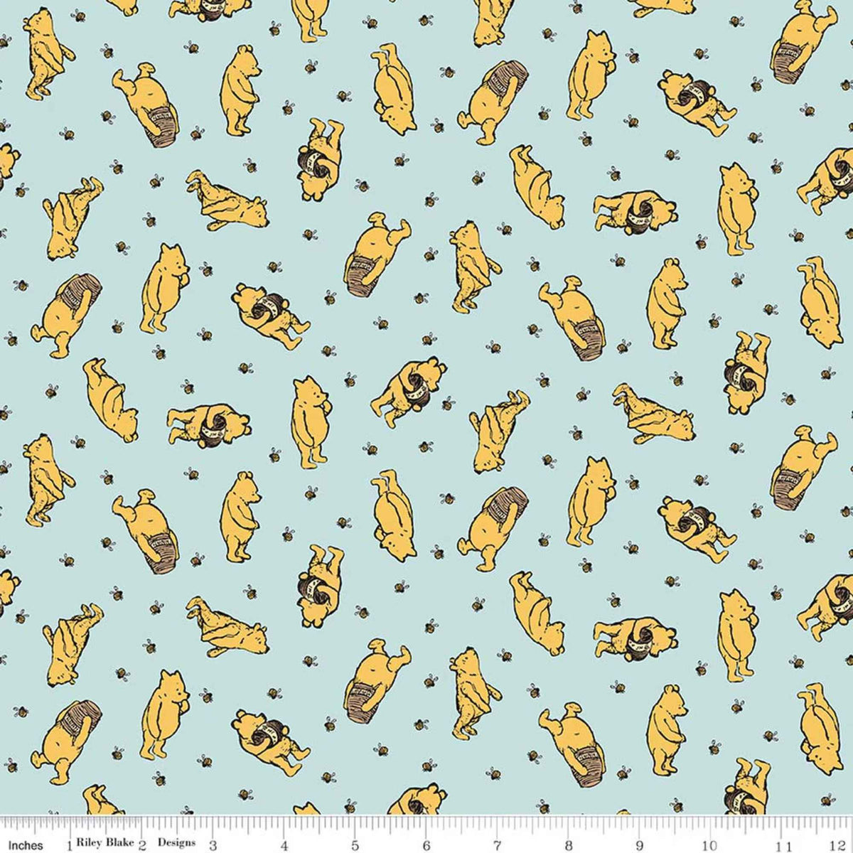 Winnie the Pooh toss flannel fabric sky blue with Pooh bears honey pots and bees Riley Blake cotton fabric