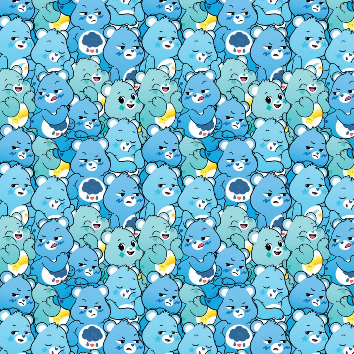 “Licensed Care Bears blue cotton fabric with repeating blue Care Bears characters in various expressions and poses”