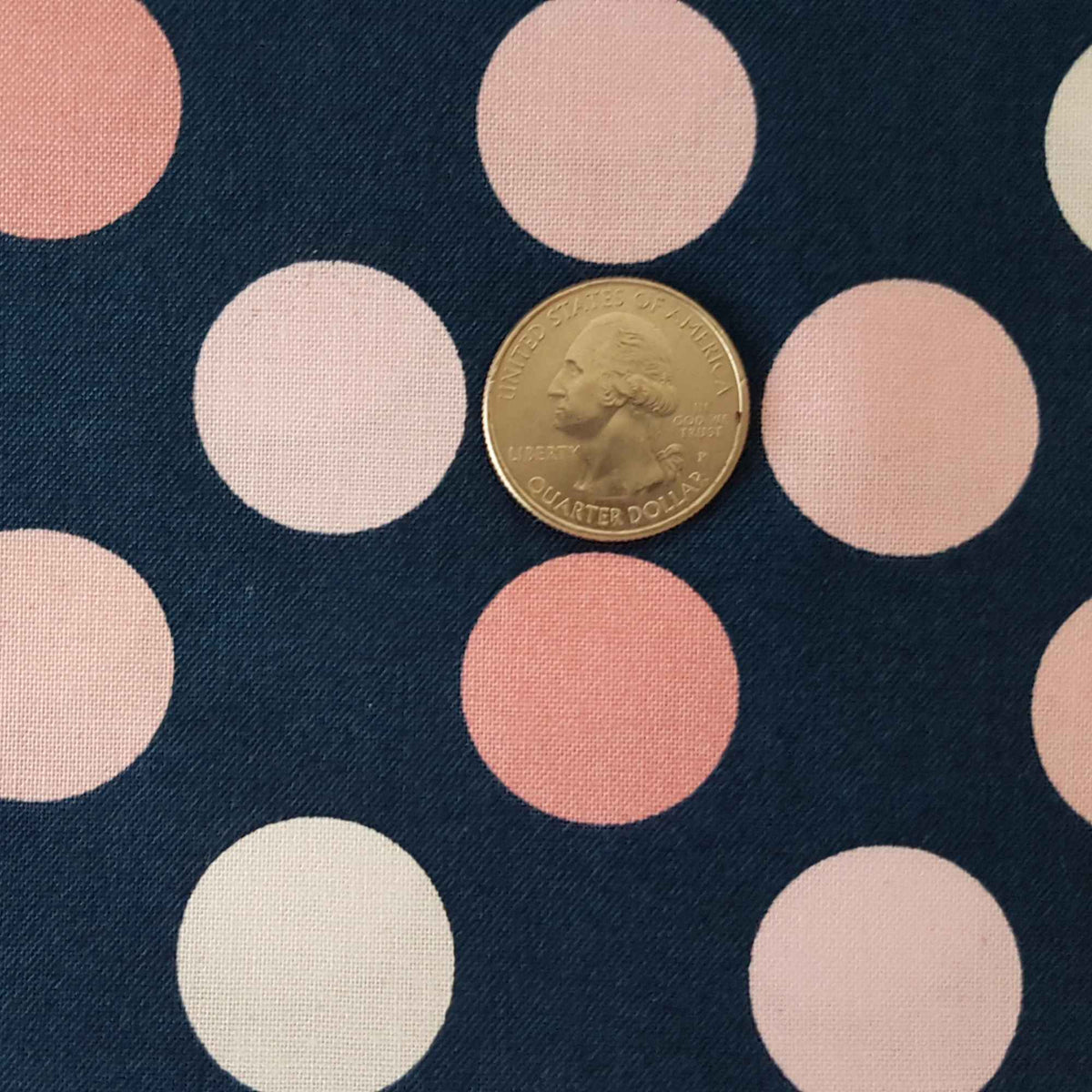 Brother Sister Design Studio polka dot fabric with large pink dots on navy background, B17-HH-P07 with coin for scale.