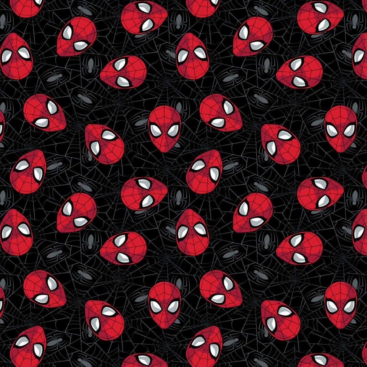 Camelot Fabrics 13080018 Marvel Spiderman fabric with red Spiderman faces tossed on a black background with spider web details.