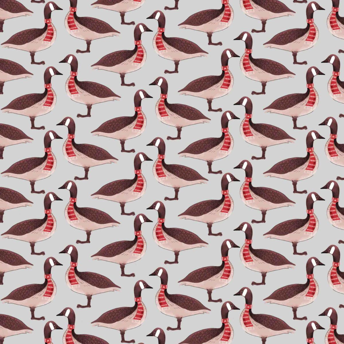 "Canadian geese on grey cotton fabric wearing red patterned scarves by Camelot Fabrics"
