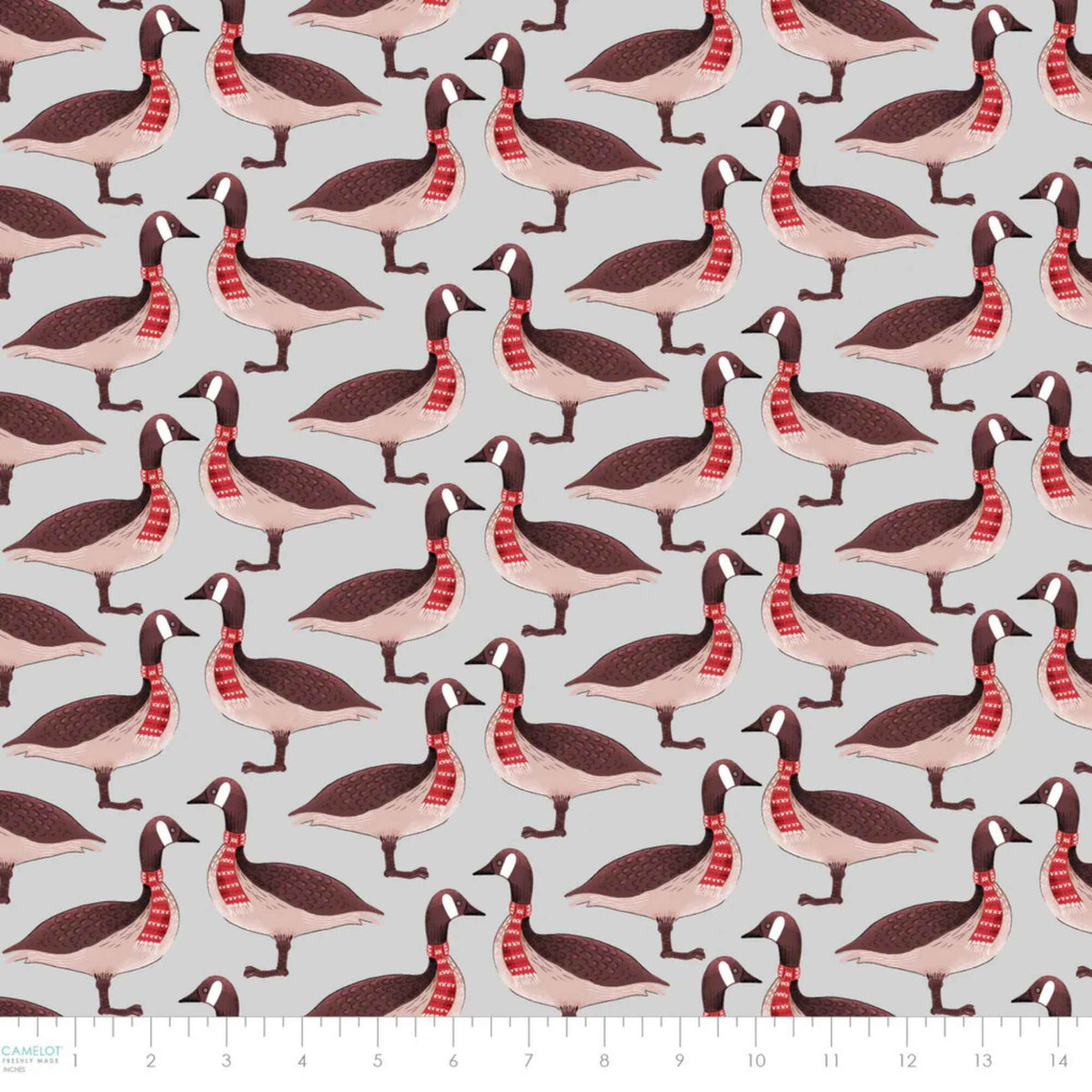 "Canadian geese on grey cotton fabric wearing red patterned scarves by Camelot Fabrics"