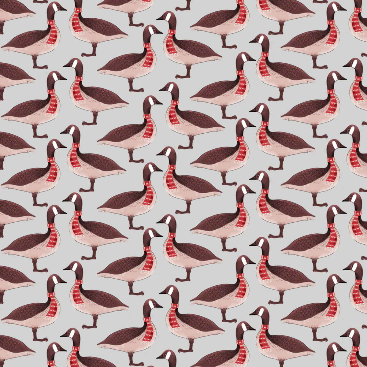 "Canadian geese on grey cotton fabric wearing red patterned scarves by Camelot Fabrics"