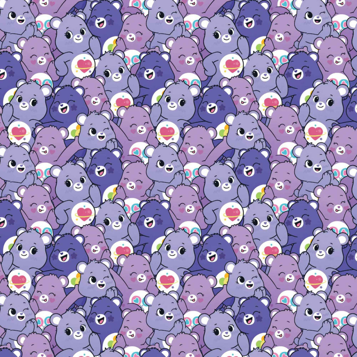 “Licensed purple Care Bears cotton fabric featuring a repeating pattern of cheerful lavender and dark purple Care Bears in cute, playful poses.”