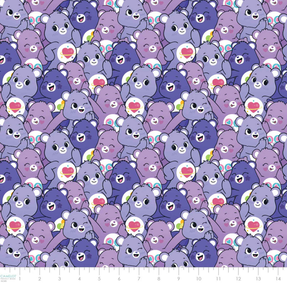 “Licensed purple Care Bears cotton fabric featuring a repeating pattern of cheerful lavender and dark purple Care Bears in cute, playful poses.”