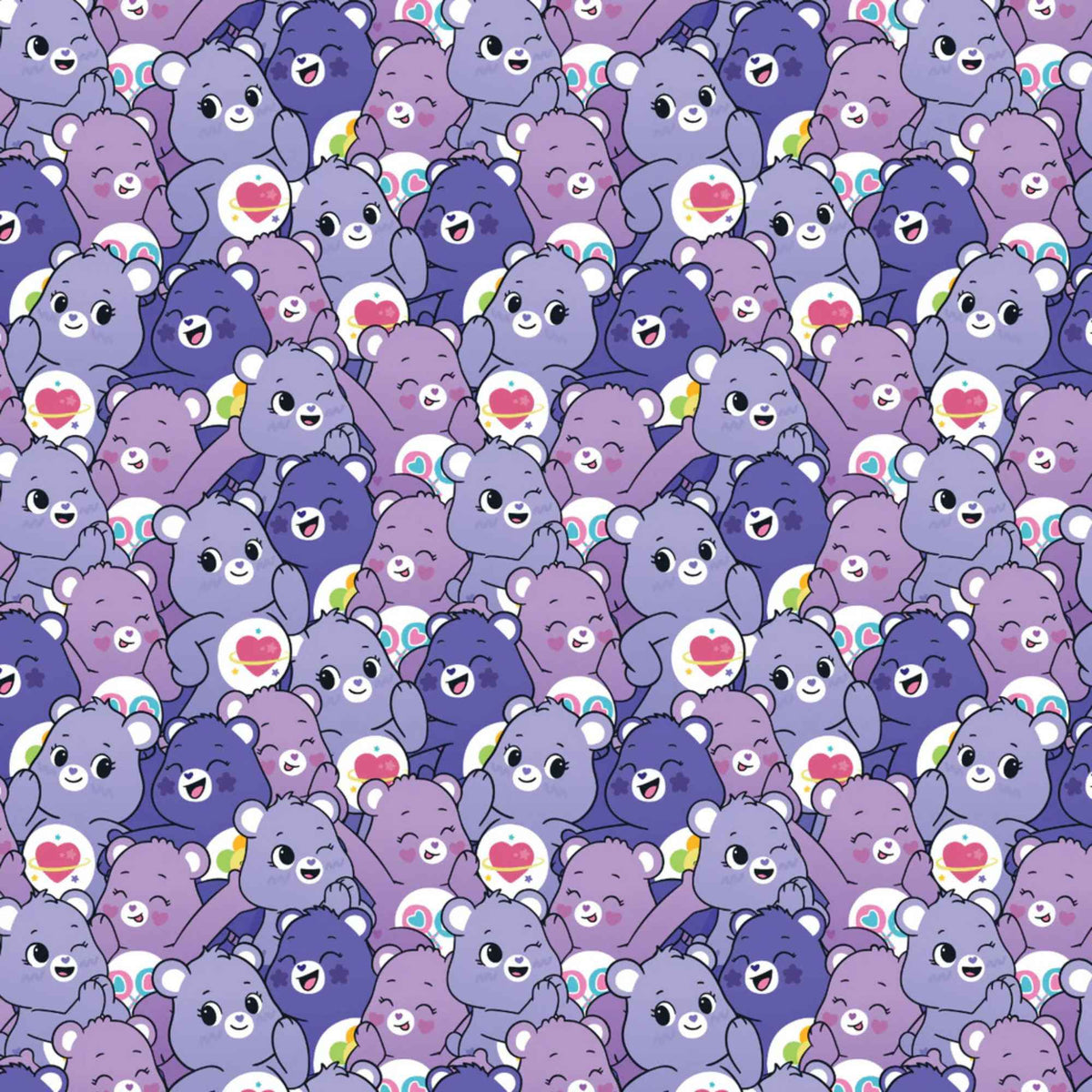 “Licensed purple Care Bears cotton fabric featuring a repeating pattern of cheerful lavender and dark purple Care Bears in cute, playful poses.”