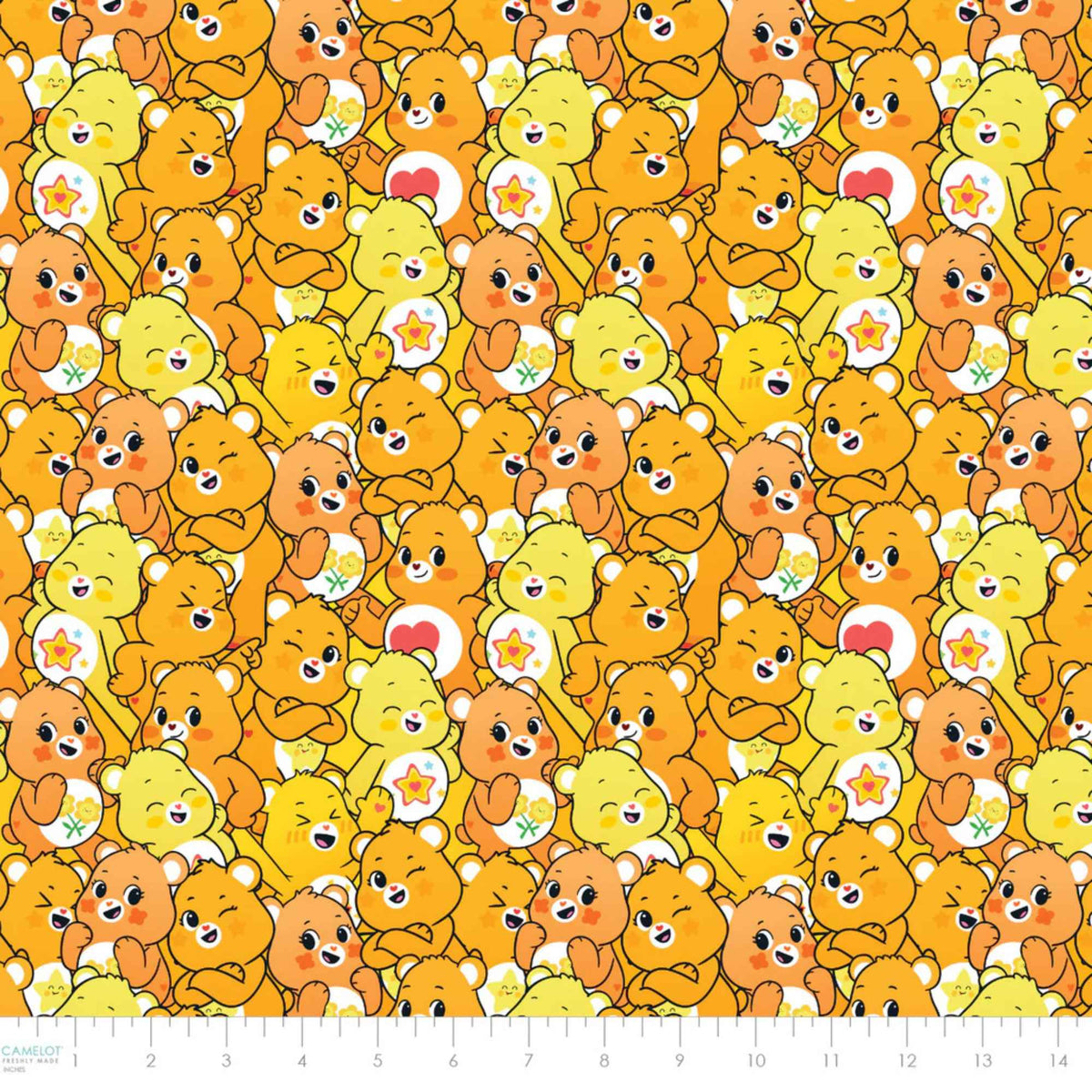 “Licensed yellow Care Bears cotton fabric with repeating pattern of cheerful yellow and orange Care Bears in playful poses.”