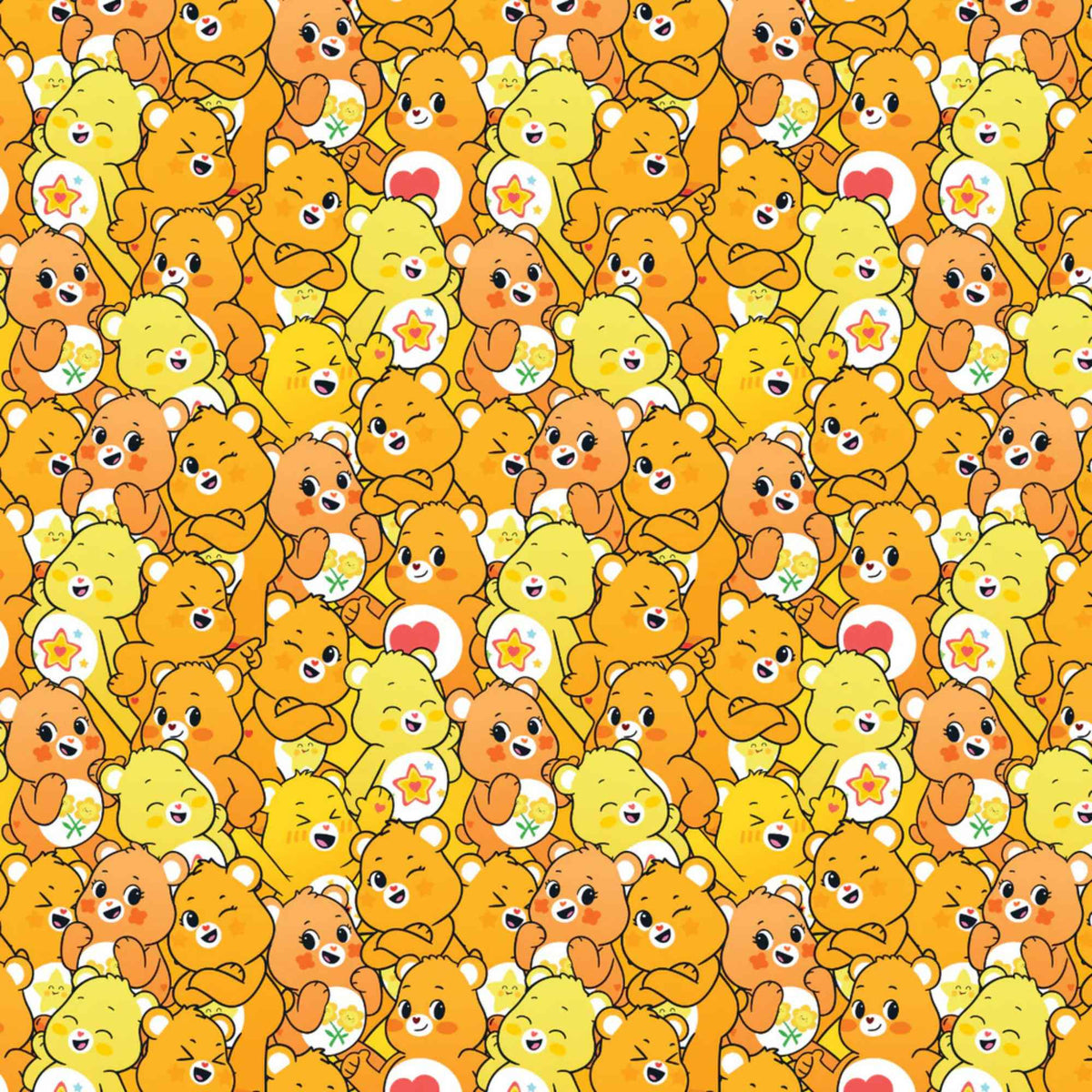 “Licensed yellow Care Bears cotton fabric with repeating pattern of cheerful yellow and orange Care Bears in playful poses.”