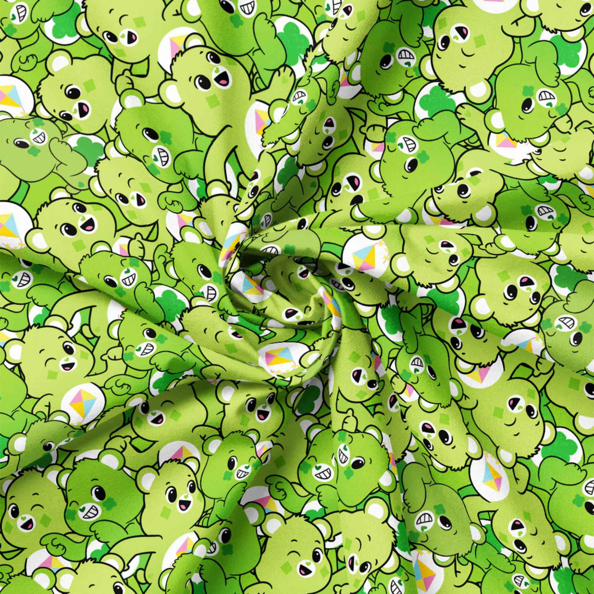 “Licensed green Care Bears cotton fabric with repeating pattern of cheerful green Care Bears in playful poses on a seamless background.”