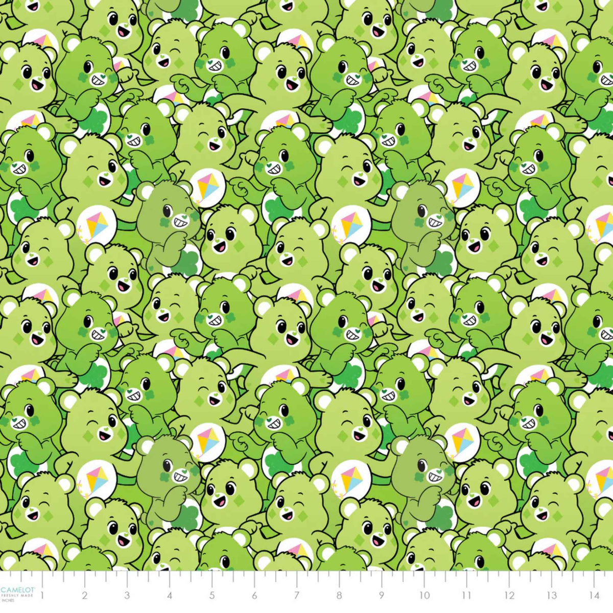 “Licensed green Care Bears cotton fabric with repeating pattern of cheerful green Care Bears in playful poses on a seamless background.”