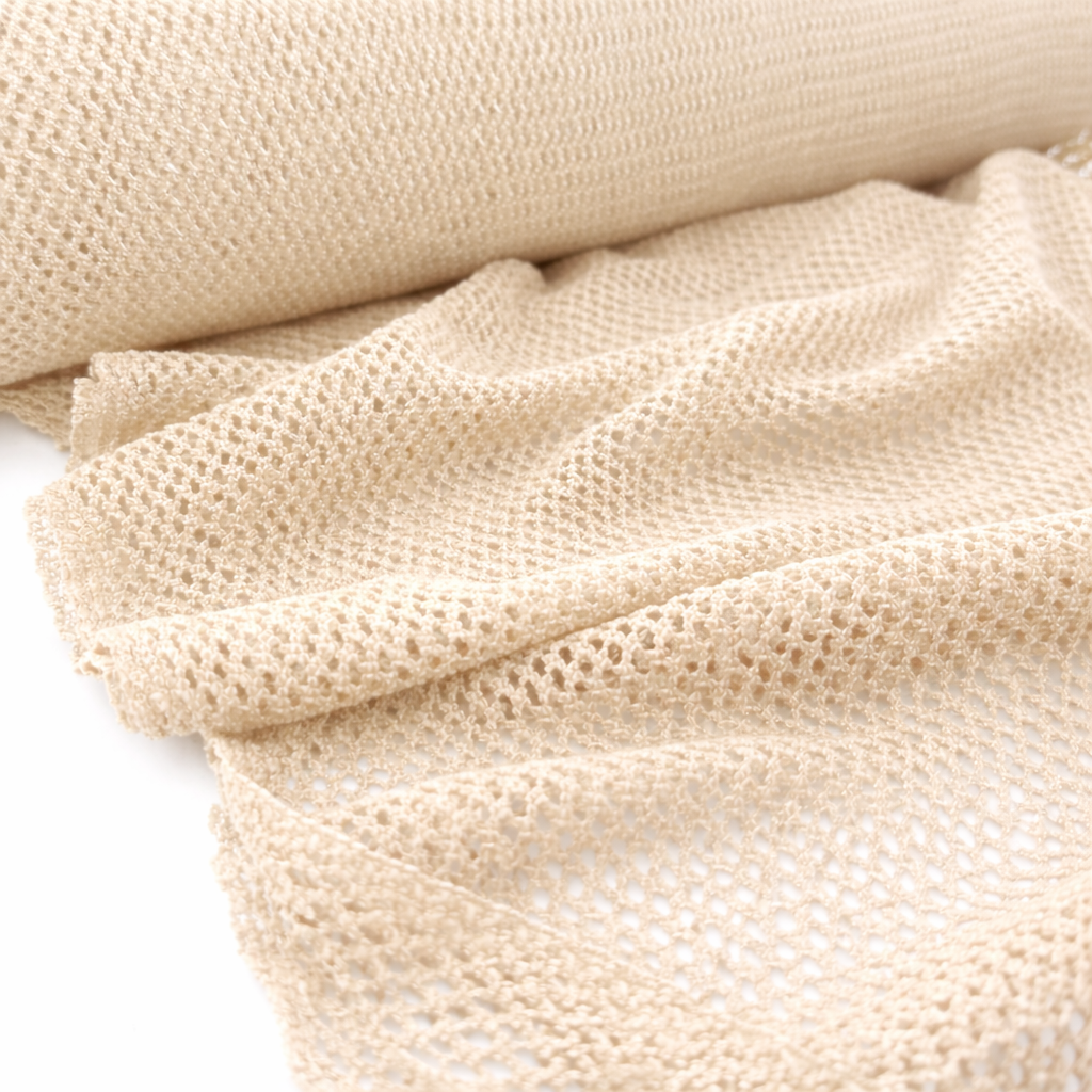 Ivory fish net mesh fabric draped to highlight breathable open knit texture and soft structure