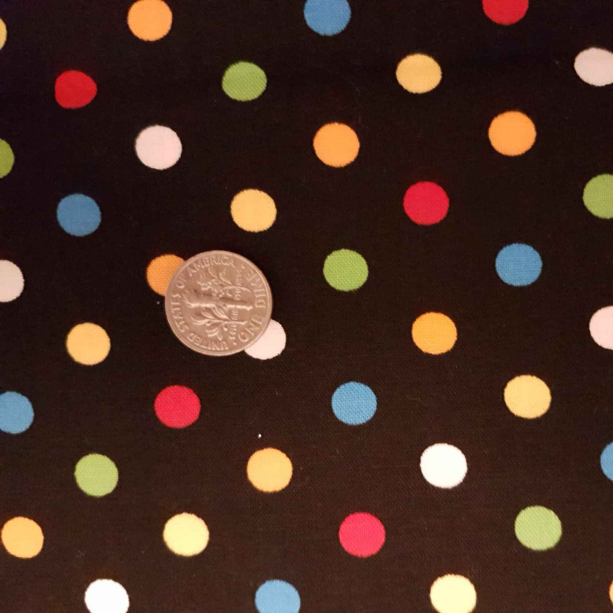 Robert Kaufman City Center fabric with multicolored polka dots on black background, designed by Maria Perkins with coin for scale.