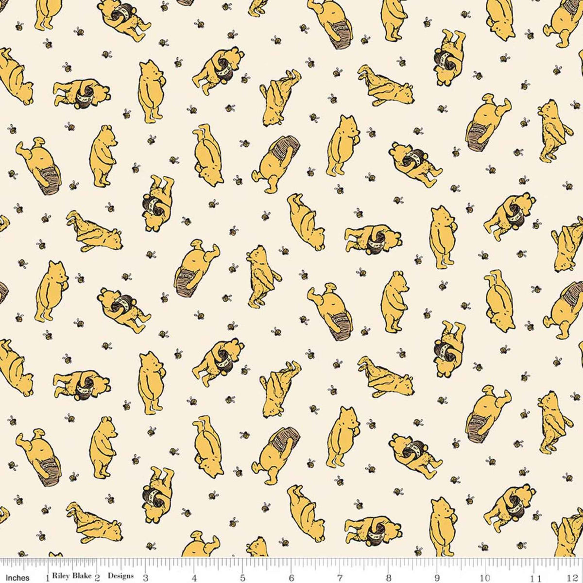 Winnie the Pooh toss flannel fabric cream with Pooh bears honey pots and bees Riley Blake cotton fabric