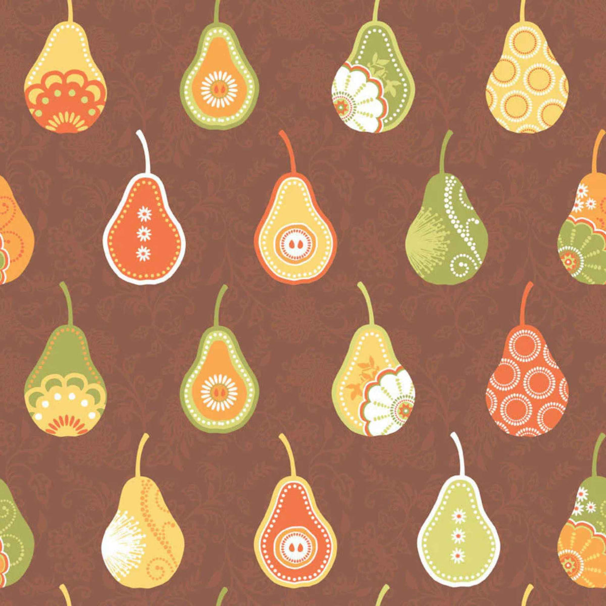 Riley Blake Decadence C2631 fabric with decorative pears on brown background by Samantha Walker.