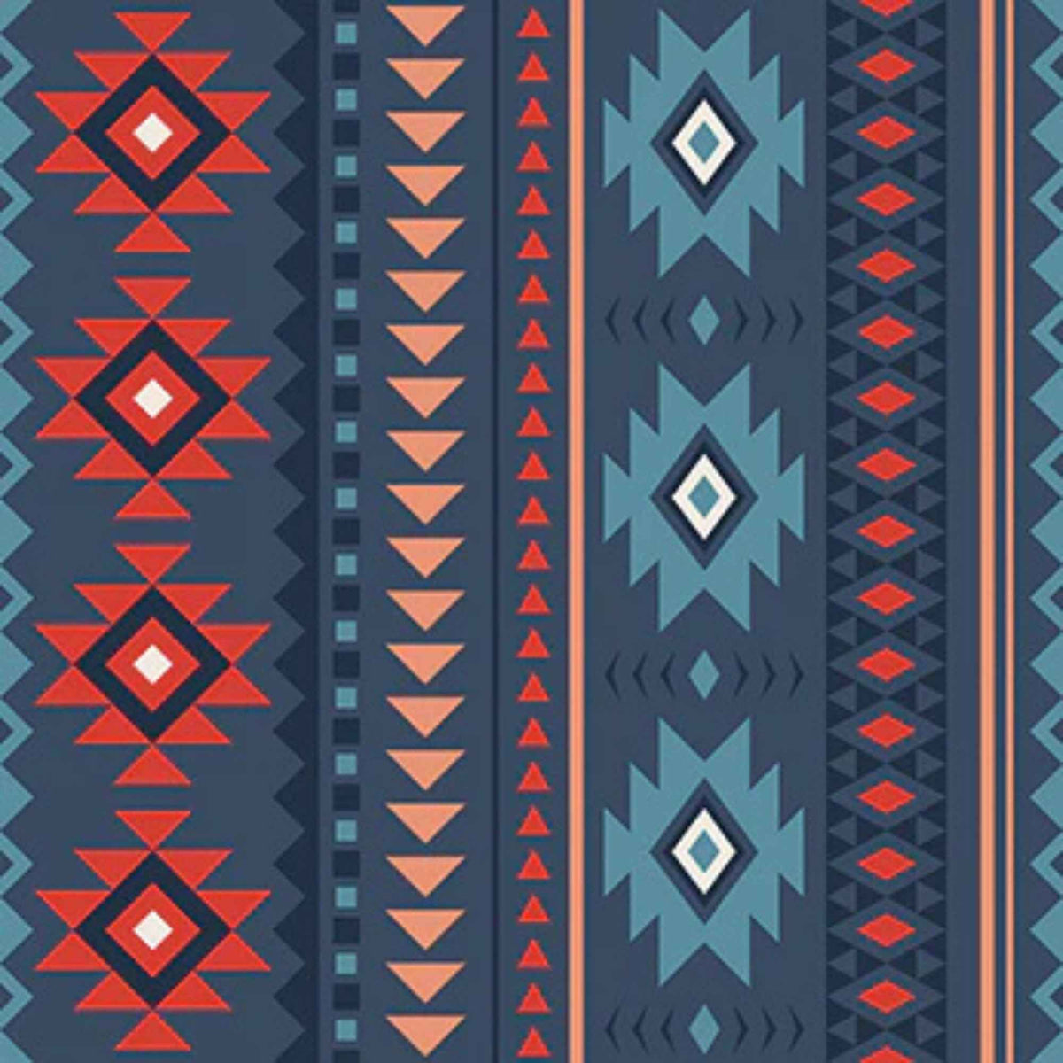 “Southwestern geometric stripe fabric in navy, blue, red, and coral from Spirit Peaks.”