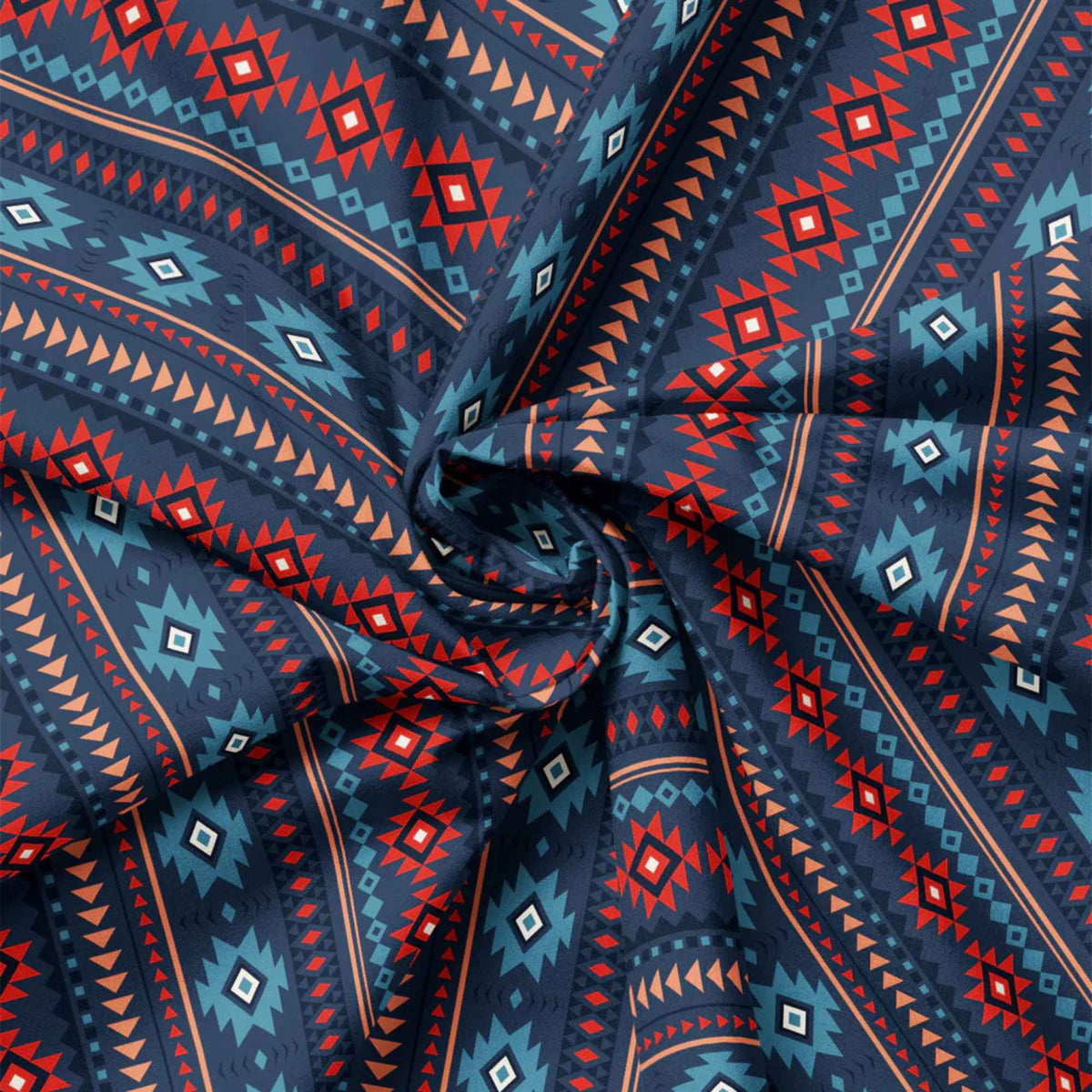 “Southwestern geometric stripe fabric in navy, blue, red, and coral from Spirit Peaks.”